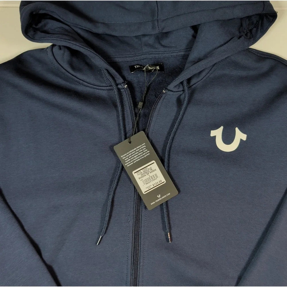 True Religion Zip Hoodie Mens Large Navy Blue Buddha Graphic Logo 106659
